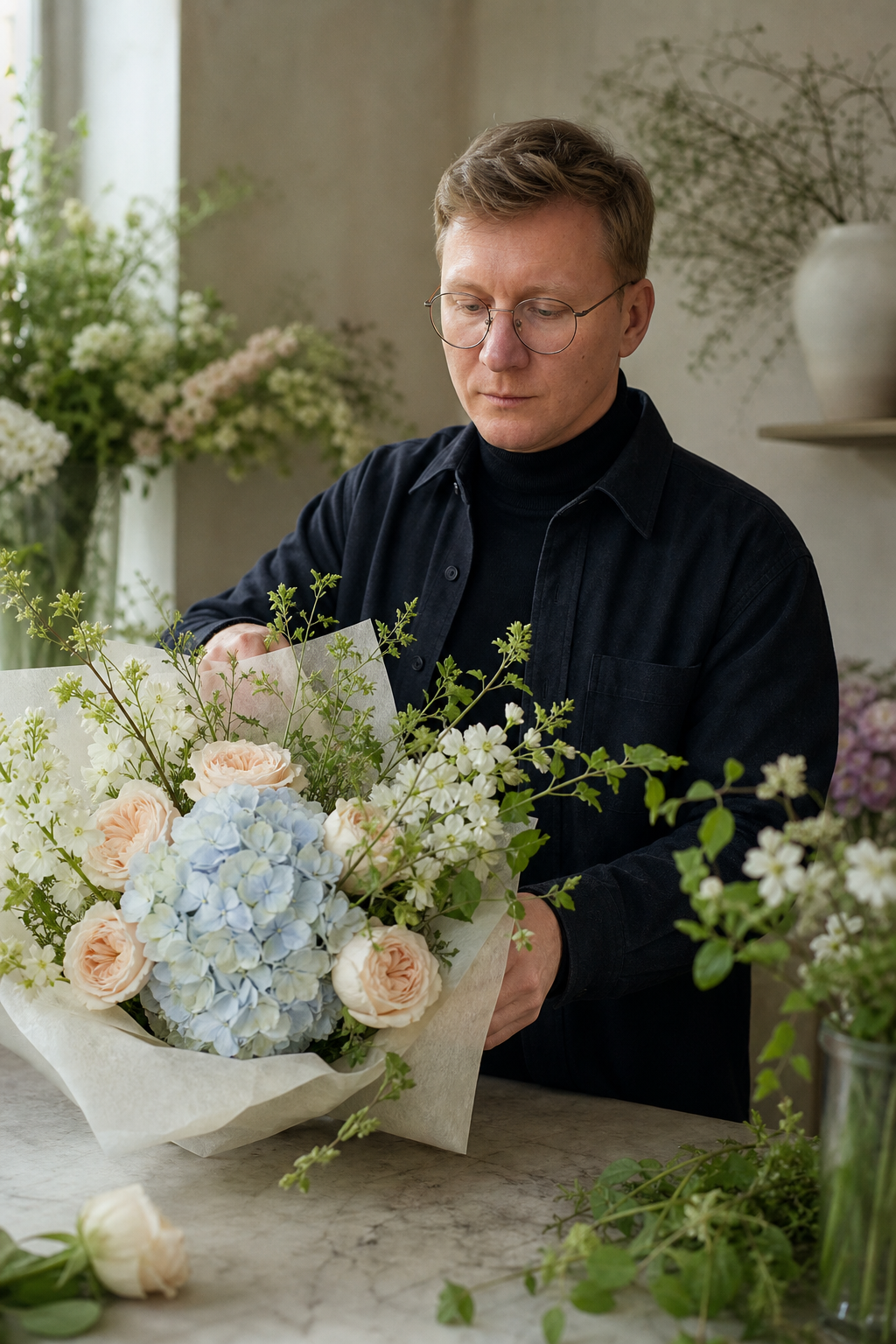 Флорист собирает воздушный букет Morning Garden с гортензией и французскими розами