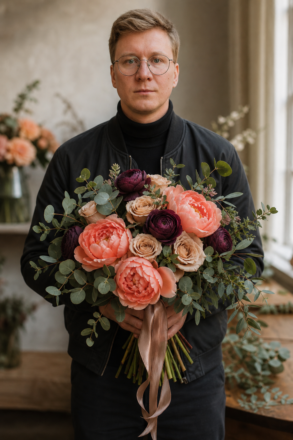 Флорист с букетом Velvet Peony из пионов, садовых роз и ранункулюсов